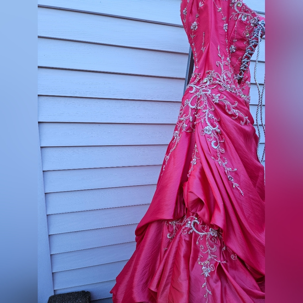 Watermelon Pink Embellished Strapless Gown - Picture 5 of 16